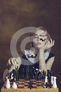 Artwork, Portrait of young woman in art action made of pieces of puzzle isolated on brown background. Retro style
