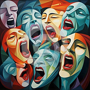 Artwork portraying a visual opera with a chorus of vibrant cubist faces. AI generation