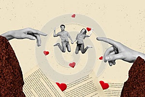 Artwork postcard collage of happy family couple jumping holding hands together and jump in love  on beige color