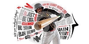 Artwork, poster. Close-up sportive man, professional baseball player in motion and action with bat isolated on white