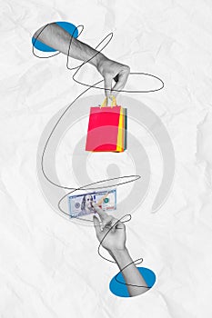 Artwork poster collage banner of two human arm receive package pay by cash interned online order isolated on white color