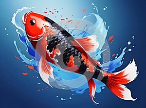 An artwork of a red and black color koi fish in beautiful water
