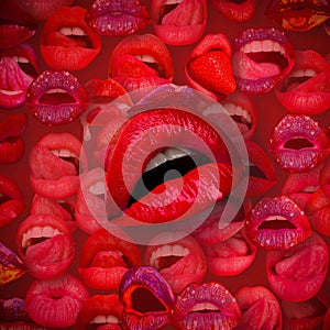 Artwork with sensual lips. Abstract sexy lip on red. Lips and mouth. Female lip in red background. Woman lips.