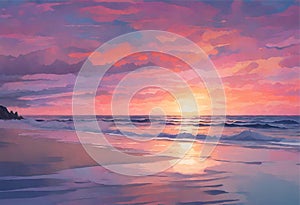 artwork showcasing a pristine beach at twilight, with gentle waves lapping against the shore