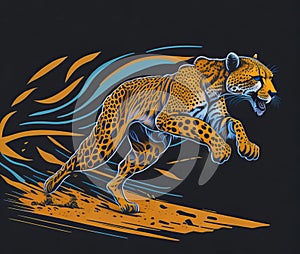 Artwork for a t-shirt graphic of a cheetah in pursuit of its prey.