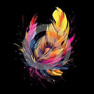 Artwork of t-shirt graphic design, feather, colorful, yellow, pink, hyperrealism, cinematic lighting