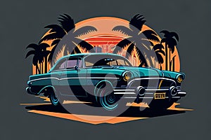 artwork of t-shirt graphic design flat design of one retro classic car