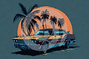 artwork of t-shirt graphic design flat design of one retro classic car