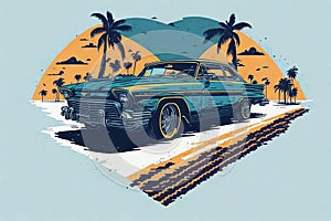 artwork of t-shirt graphic design flat design of one retro classic car