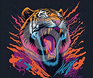 Artwork for t-shirt graphic of a powerful and fierce tiger in mid-roar.