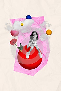 Artwork unusual template collage of dreamy young lady dreaming magic mysterious world flying circle planets