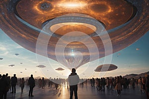 An artwork which shows during the extraordinary event of humanity\'s first contact with extraterrestrial life photo