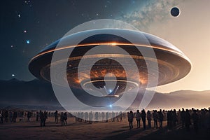 An artwork which shows during the extraordinary event of humanity\'s first contact with extraterrestrial life photo