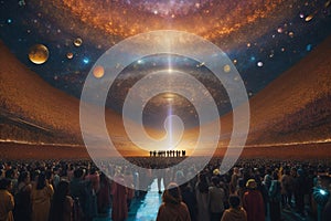 An artwork which shows during the extraordinary event of humanity\'s first contact with extraterrestrial life photo