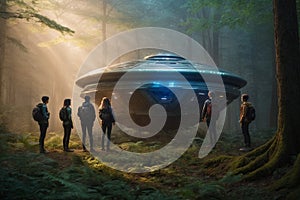 An artwork which shows during the extraordinary event of humanity\'s first contact with extraterrestrial life photo