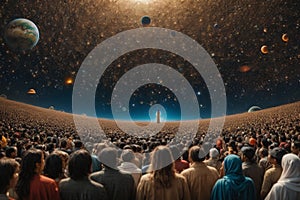 An artwork which shows during the extraordinary event of humanity\'s first contact with extraterrestrial life photo