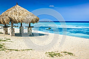 Aruba Arashi caribbean beach with palapa, Dutch Antilles, Caribbean Sea