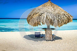 Aruba Arashi caribbean beach with palapa, Dutch Antilles, Caribbean Sea photo
