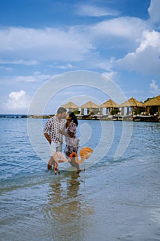 Aruba beach with pink flamingos at the beach, flamingo at the beach in Aruba Island Caribbean