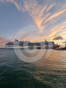 Aruba cruise boat moorde in the harbour of Aruba during the covid 19 pandemic