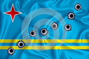 Aruba flag Close-up shot on waving background texture with bullet holes. The concept of design solutions. 3d rendering