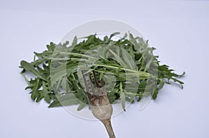 Arugula salad on a fork
