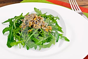 Arugula Salad with Germinated Grain in White Plate