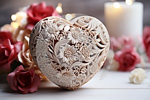 Ð¡arved wooden heart with roses and candles on wooden background. Generative AI