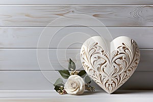 Ð¡arved wooden heart with white rose on wooden background. Generative AI