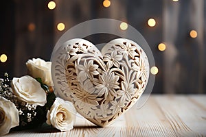 Ð¡arved wooden heart with white roses on the background of bokeh effec. Generative AI