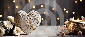 Ð¡arved wooden heart with white roses on the background of bokeh effect. Generative AI