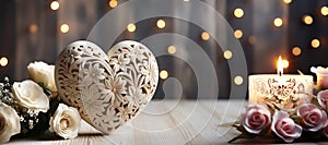 Ð¡arved wooden heart with white roses on the background of bokeh effect. Generative AI