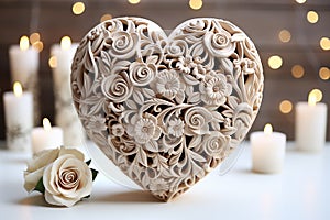 Ð¡arved wooden heart with white roses and candles on the background of bokeh effec. Generative AI