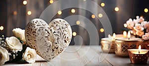 Ð¡arved wooden heart with white roses and candles on the background of bokeh effect. Generative AI