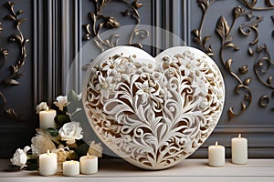 Ð¡arved wooden heart with white roses and candles. Generative AI