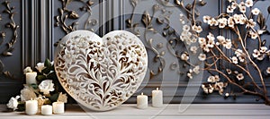 Ð¡arved wooden heart with white roses and candles. Generative AI