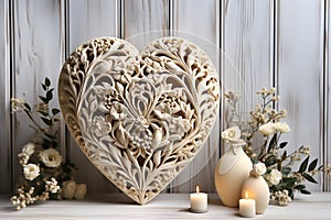 Ð¡arved wooden heart with white roses and candles on wooden background. Generative AI