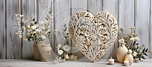 Ð¡arved wooden heart with white roses and candles on wooden background. Generative AI