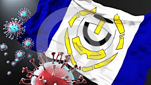 Arviat and covid pandemic - virus attacking a city flag of Arviat as a symbol of a fight and struggle with the virus pandemic in