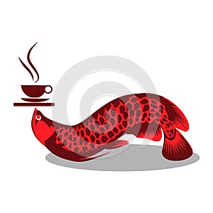 Arowana fish carries hot coffee vector. Vector Illustration on white background