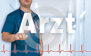 Arzt in german doctor shows on viewer with heart rate concept