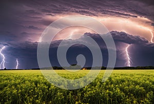 As darkness descends upon the countryside, a dramatic lightning storm erupts, lighting up the horizon with flashes of