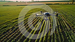 as drones hover over vast fields, monitoring crop health and optimizing yields in a realistic depiction of modern