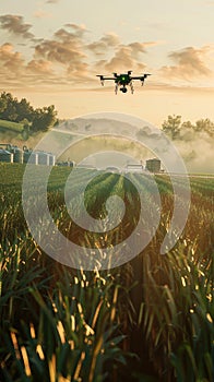 as drones hover over vast fields, monitoring crop health and optimizing yields in a realistic depiction of modern