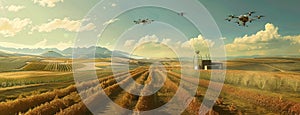 as drones hover over vast fields, monitoring crop health and optimizing yields in a realistic depiction of modern photo