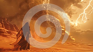 As a fierce desert storm rolled in swirling clouds of sand and lightning illuminated the towering figure of a Djinn