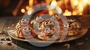 As the fire crackles and sparks in the background a plate of mini pizzas takes center stage. Each one is a work of art