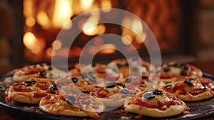 As the fire roars in the background a platter of mini pizzas sits on the mantle waiting to be devoured. With their