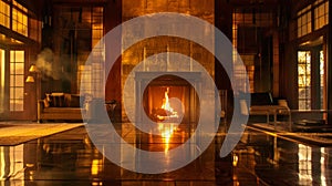 As the fire roars the light bounces off the reflective fireplace surround filling the room with a golden hue. 2d flat photo