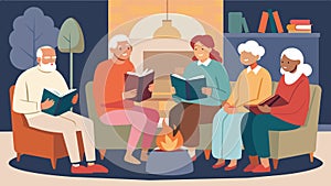 As the fireplace crackles in the background a group of seniors gather in a cozy living room for a Bible study session photo